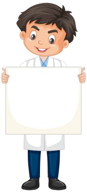 Beyaz arka planda laboratuvar önlüğü giyen çocuk.