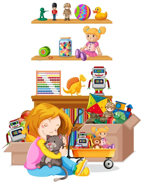 Estante lleno de libros y juguetes sobre fondo blanco — Vector de stock