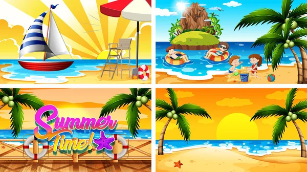 Cuatro escenas de fondo con verano en la playa — Vector de stock