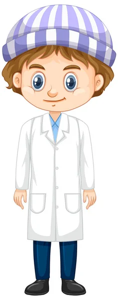 幸せな男の子身に着けている実験室のガウン上の白い背景 — ストックベクタ