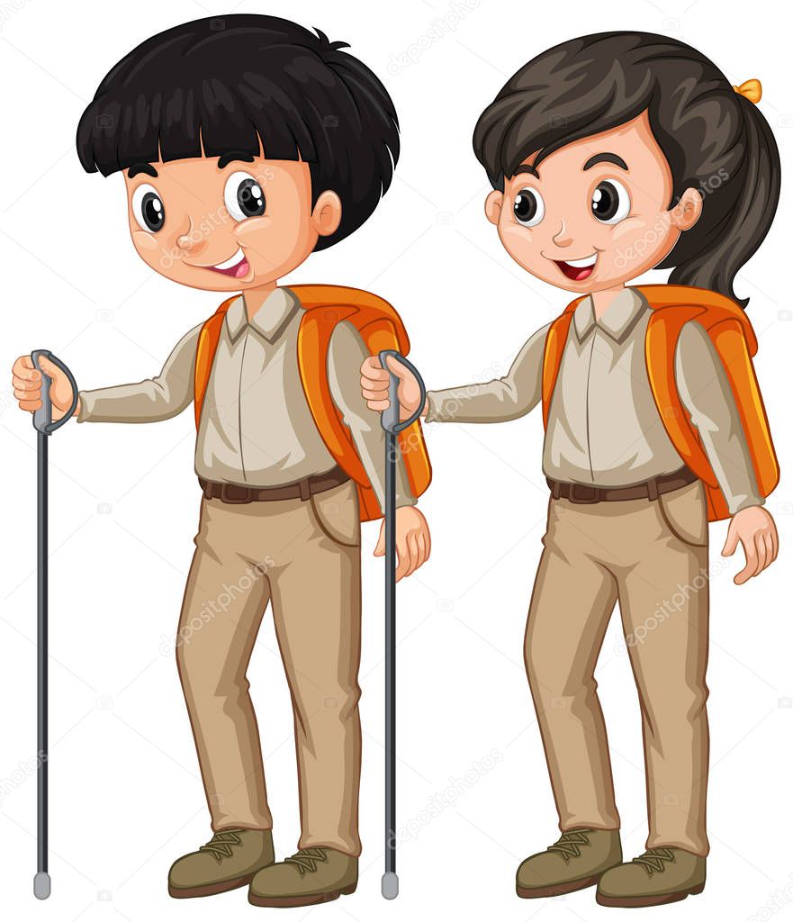 Boy and girl in scout outfit hiking on white background