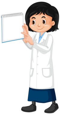 Önlüklü kız beyaz arka planda tabelasını tutuyor.