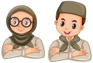 Beyaz arka planda izci üniforması giyen kız ve erkek.