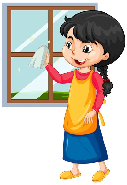 Mädchen putzt Fenster auf isoliertem Hintergrund — Stockvektor