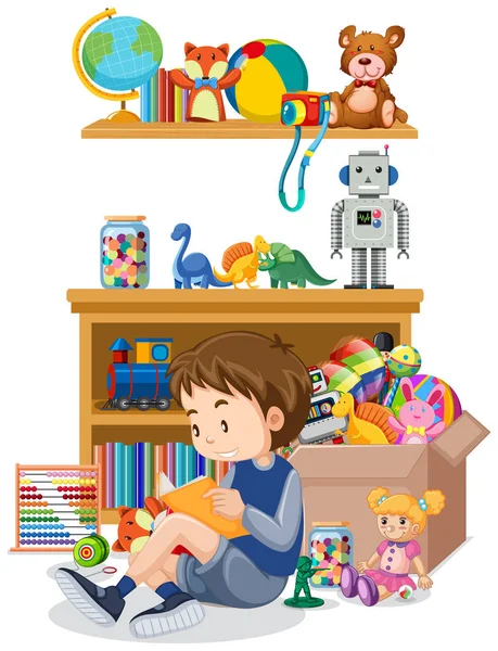 棚と白い背景におもちゃでいっぱいの箱 — ストックベクタ