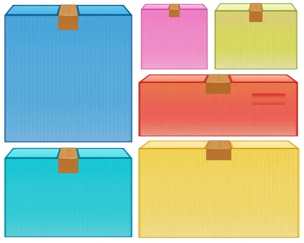 Different sizes of cardboard boxes in many colors — Stock Vector