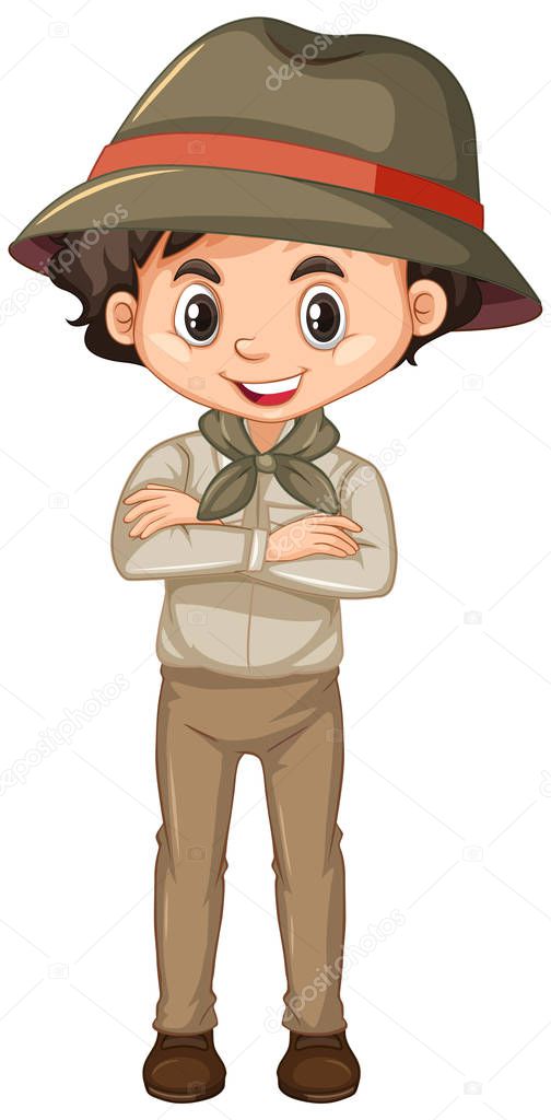 Boy in scout uniform standing on white background
