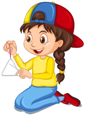 Girl playing triangle on isolated background