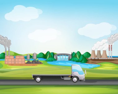 Endüstriyel bölge boyunca giden kamyonetli sahne