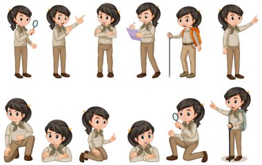 İzci üniformalı bir kız beyaz arka planda birçok poz verir.