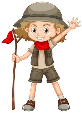 Beyaz arka planda safari kıyafetli bir kız.