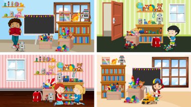 Four scenes with children playing in different rooms