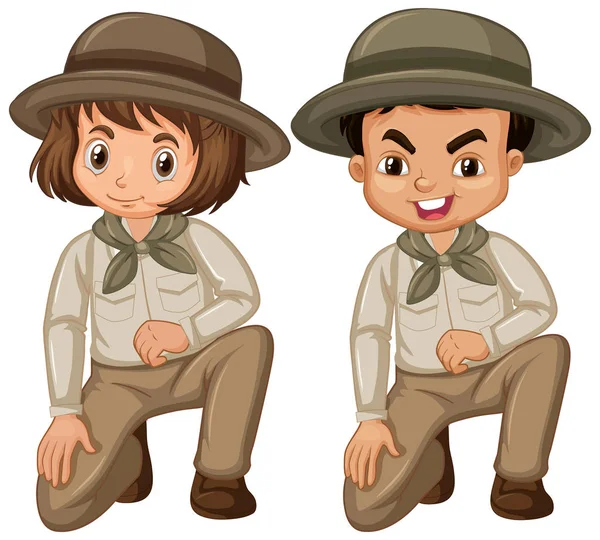 Chłopiec i dziewczyna w scout mundur na białym tle — Wektor stockowy