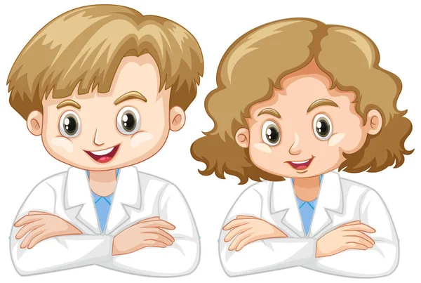 Niño y niña en vestido de ciencia sobre fondo blanco — Vector de stock