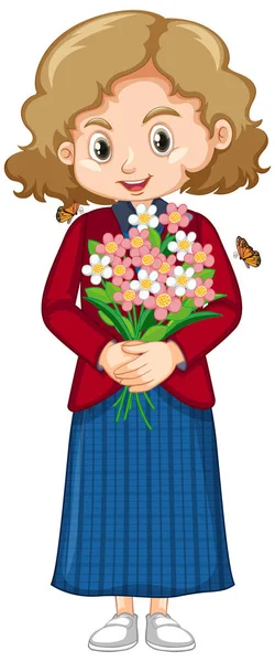 Χαριτωμένο κορίτσι με κόκκινο πουκάμισο κρατώντας όμορφα λουλούδια — Διανυσματικό Αρχείο