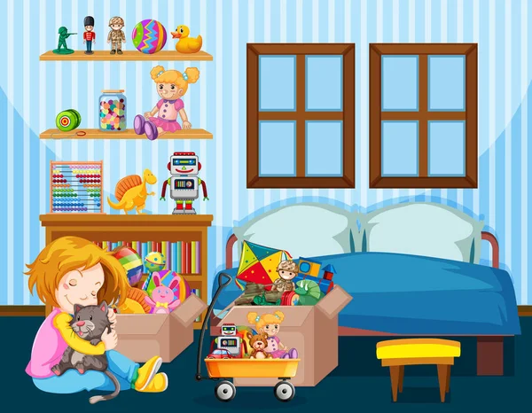 Escena del dormitorio con chica y gato en el suelo — Vector de stock