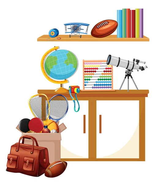 Room with box of sport equipments and books on the shelf — Stok Vektör
