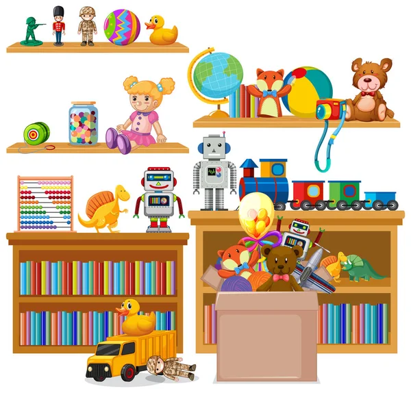 Police plná knih a hraček na bílém pozadí — Stockový vektor