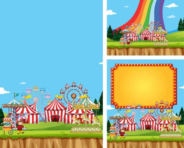 Three scene of circus with many rides