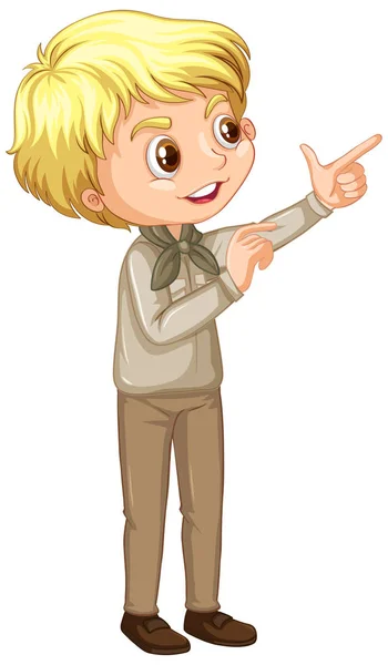 Boy in scout uniform pointing on white background — Stock Vector
