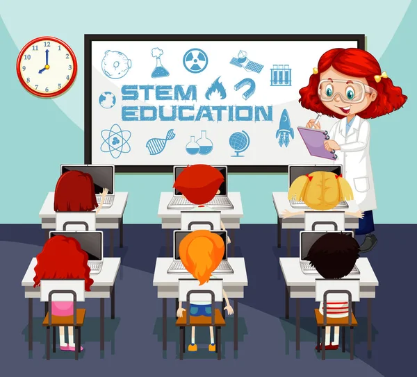 Escena en el aula con el profesor de ciencias y los estudiantes aprendiendo — Vector de stock