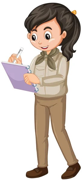 Chica en uniforme scout escritura sobre fondo blanco — Vector de stock