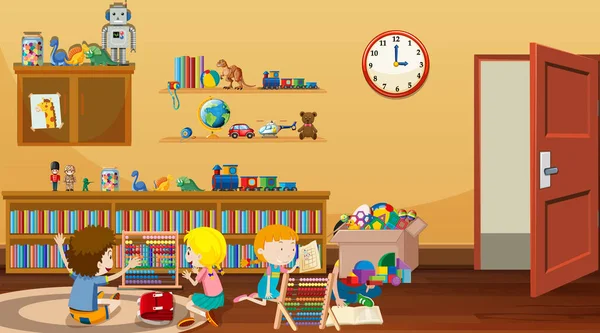Scène met kinderen lezen en spelen in de kamer — Stockvector