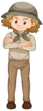 Beyaz arka planda safari kıyafetli bir kız.