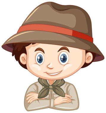 Beyaz arka planda safari kostümü giymiş bir çocuk.