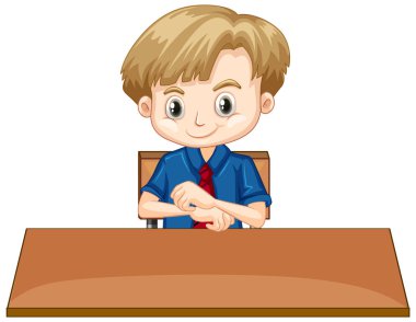 Beyaz arka planda, tahta masada oturan çocuk.