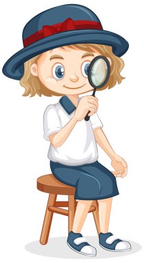 Girl with magnifying glass sitting on isolated background