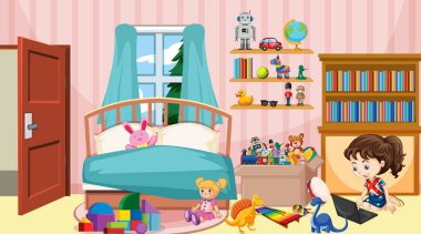 Scene with girl working on computer in bedroom