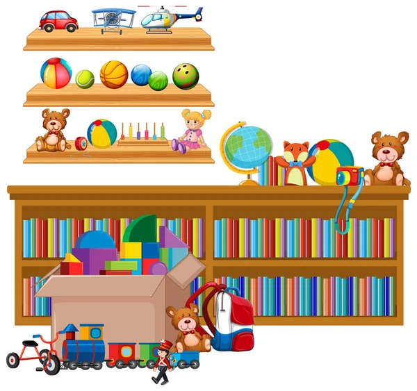 Shelf full of books and toys on white background — Stock Vector