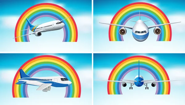 Four scenes of airplane flying in the sky with rainbow backgroun — 스톡 벡터