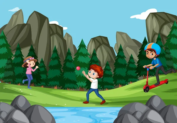 Scène avec trois enfants jouant dans le parc — Image vectorielle