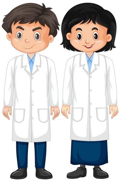 Menino e menina em vestido de laboratório no fundo branco —  Vetores de Stock