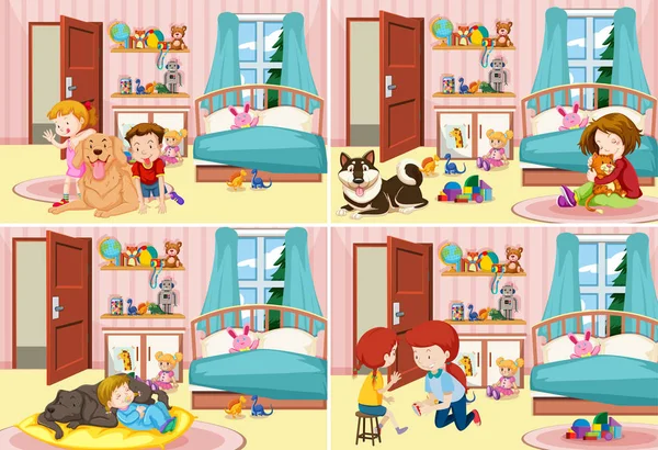Cztery sceny dzieci w sypialni — Wektor stockowy