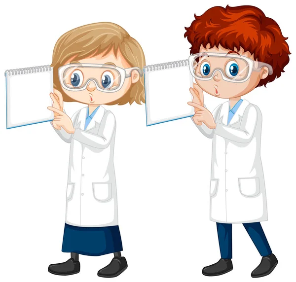 穿着科学长袍、背景偏僻的男孩和女孩 — 图库矢量图片