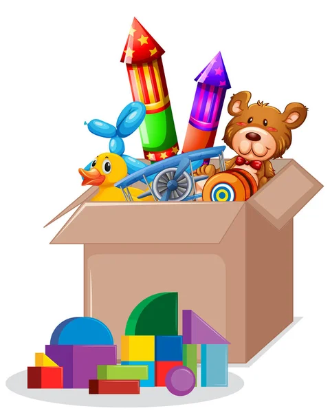 Cardboard box full of toys on white background — 스톡 벡터