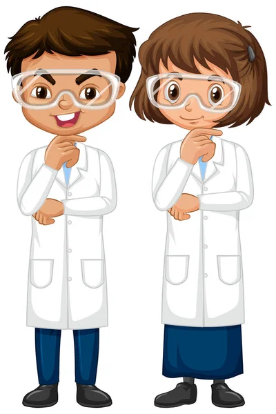 Boy and girl in science gown standing on white background - Stok Vektor