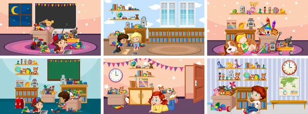 Six scenes with children doing activities in different rooms — 스톡 벡터