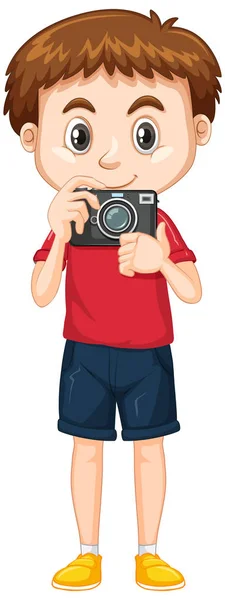 Cute boy in red shirt holding camera on white background — 스톡 벡터