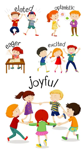 Set of children doing activities with adjectives — Stock Vector