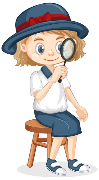 Girl with magnifying glass sitting on isolated background — Stock vektor