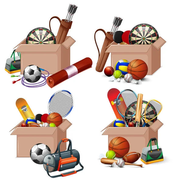 Set di scatole piene di attrezzature sportive su sfondo bianco — Vettoriale Stock