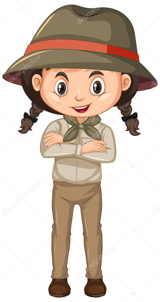 Girl in scout uniform on white background