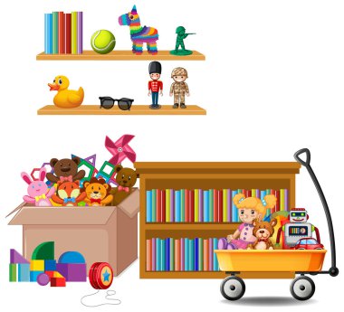 Beyaz arka planda kitap ve oyuncaklarla dolu raflar.