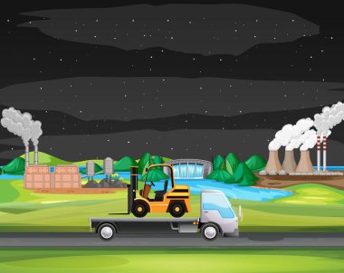 Endüstriyel bölge boyunca giden kamyonetli sahne