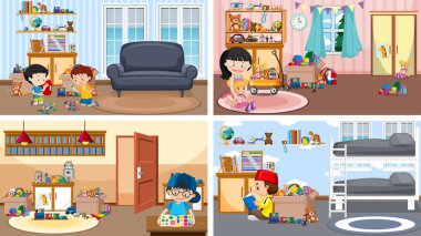 Four scenes with children playing in different rooms