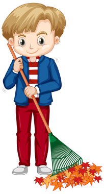 Beyaz arka planda yaprakları tırmıklayan çocuk